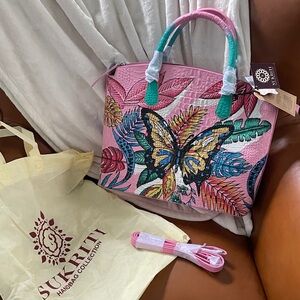 Hand Painted NWT Multicolor Butterfly Cross Body Tote